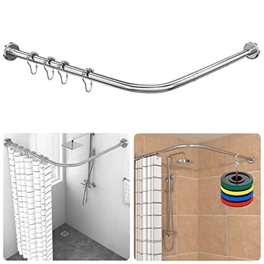 Duschvorhangstange L-Form Verstellbar, Duschstange Ecke 304 Edelstahl, (70-100 cm × 70-100 cm), Eckduschstange mit 18 Edelstahlringen, Bohren/Bohrfreie Montage, für Badezimmer & Badewanne - Silber