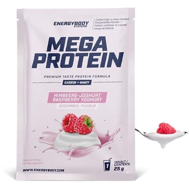 Energybody® Mega Protein Pulver Probierpaket „Himbeere-Joghurt“ - 1x25g - Mehrkomponenten Protein mit Casein Whey Mix als Eiweiss Protein Pulver/Proteinpulver Probierpackung