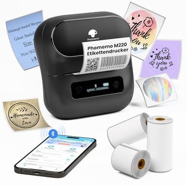 Phomemo M220 Etikettendrucker Selbstklebend Mobile Thermo Etiketten Drucker,Tragbarer Etikettendrucker Bluetooth Etikettenhersteller für Barcode,Zuhause und Büro Schule Etikettierung,für Android & iOS