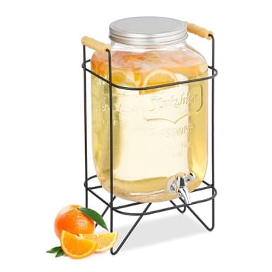 Relaxdays Getränkespender mit Ständer, Limobehälter 8 l, Zapfhahn und Deckel, Wasserspender, Glas, transparent/schwarz