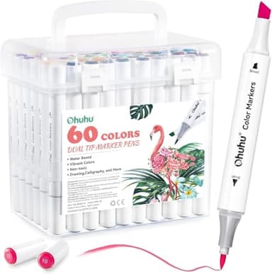 Ohuhu Marker auf Wasserbasis 60 Farben, Filzstifte mit Doppelspitze für Erwachsene – Ideal für Comics, Skizzieren, Kalligraphie & Zeichnen – Geruchlos & Sicher