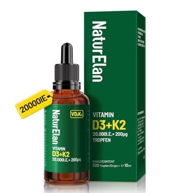 Vitamin D3 K2 hochdosiert Tropfen - 20000I.E. + Vitamin K2 MK7 200 mcg pro Dosis, Vegetarische, Ohne Zusätze, Laborgeprüft
