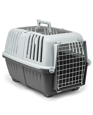 lionto Hundetransportbox aus Kunststoff mit Metallgitter, 58,5x35,5x40 cm, Transportbox mit praktischem Schließsystem & Tragegriff, auch geeignet für Katzen & Kleintiere, für Haustiere bis 15kg, grau