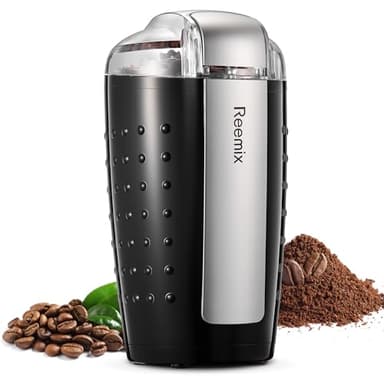 Reemix Elektrische Kaffeemühle und Gewürzmühle - 100g Füllmenge, Edelstahl Klinge, Leise Mit Sauberer Bürste und Löffel, Schwarz