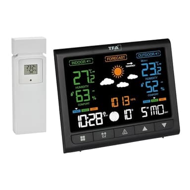 TFA Dostmann Wetterstation Funk mit Außensensor Contrast, 35.1171, VA-Display, Thermometer und Hygrometer für Innen/Außen, mit Wettervorhersage, Temperaturalarm, Funkuhr, schwarz