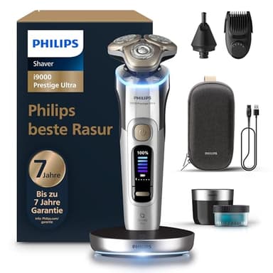 Philips Rasierer i9000 Prestige Ultra für Herren, Nass- und Trockenrasur, chrom, Druck- und Bewegungssensor, 5+1 Bartstyler, Nasenhaartrimmer, Reinigungsstation, Ladestation und Reiseetui (XP9404/38)