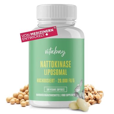 Vitabay Nattokinase Kapseln hochdosiert 20.000 FU - Liposomal & Vegan - 180 Nattokinase Kapseln - Enzym Natto fermentierte Sojabohnen - Nattokinase hochdosiert Tabletten Natokinase L