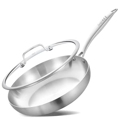 Inqibee Edelstahlpfanne Bratpfanne Unbeschichtet 28 cm mit Deckel - Kleine Pfanne Edelstahl, Stainless Steel Frying Pan, Für Induktion & alle Herdarten - Ofenfest, Spülmaschinenfest