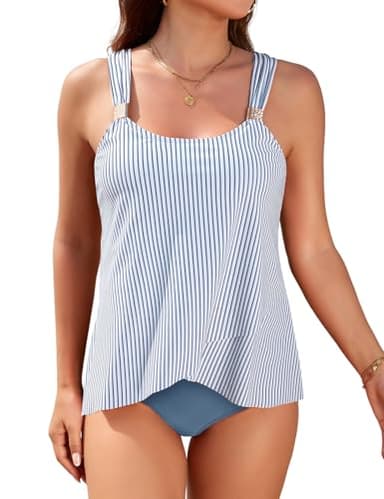 Nadeer Tankini Damen Bauchweg Ruffle Zweiteilige Badeanzüge Tankini Oberteil mit Badeshorts Elegant Bikini Set High Waist Bademode für Strand(Streifen,XL)