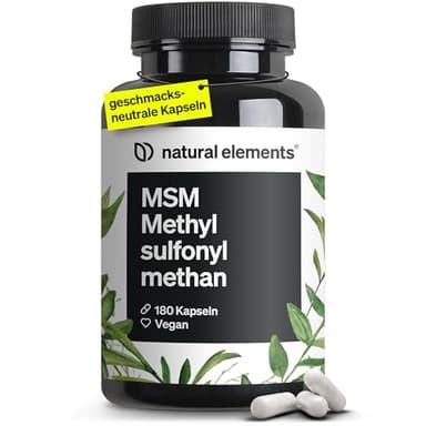 natural elements MSM Kapseln - 180 vegane Kapseln - Laborgeprüfte 1600mg Methylsulfonylmethan (MSM) Pulver pro Tagesdosis - Ohne Magnesiumstearat, hochdosiert und in Deutschland produziert