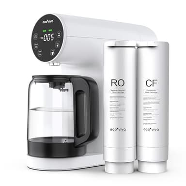 Ecoviva Auftisch Umkehrosmoseanlage Wasserfilter, Mobile Osmoseanlage Trinkwasser Umkehrosmose Filter mit 4-Stufen-Filtration, 3:1 Verhältnis von reinem Wasser zu Abwasser, TDS-Monitor, Weiß