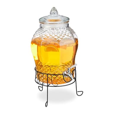 Relaxdays Getränkespender mit Ständer, Limobehälter 8L, Edelstahl Zapfhahn & Deckel, Wasserspender, Glas, transparent
