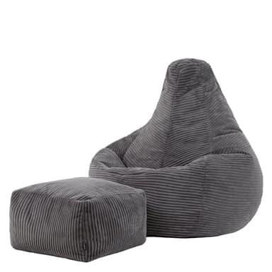 Icon Dalton Sitzsack mit Hocker Cord, Dunkelgrau, Gaming Sitzsack Erwachsene mit Füllung, Bean Bag, Cord Sessel, Lounge Sessel, Lounge Stuhl, Schlafzimmer, Wohnzimmer, Wohnzimmer Möbel