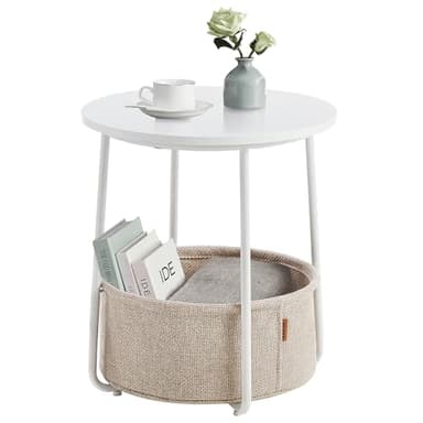 VASAGLE Beistelltisch rund, Kleiner Tisch, Couchtisch klein, Wohnzimmertisch, Korb aus Stoff, Stauraum für Wohnzimmer Schlafzimmer, Nachttisch modern, mattweiß-Kamelbraun LET223W10