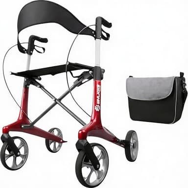 Carbon Rollator Faltbar und Leicht mit Sitz, Rollator Schmal für Wohnung, Faltbarer Rollatoren für ältere Menschen mit Einem Gewicht von 5,9 kg, Griff Verstellbare Höhe 78-98 cm (Rot)