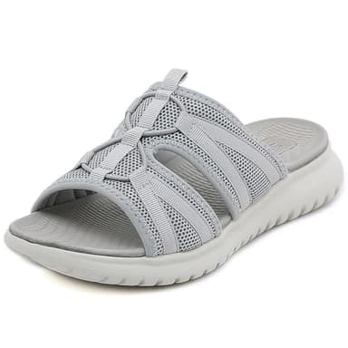 Acfoda Schiebe Sandalen Damen Sommer mit Weiches Fußbett Leicht Bequeme Orthopädische Pantoletten Slip On Hausschuhe Offene Zehen Mesh Sommerschuhe Flach Schlappen Arch Support Slipper Grau 41