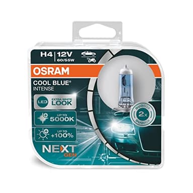 Osram COOL BLUE INTENSE H4, +100% mehr Helligkeit, bis zu 5.000K, Halogen-Scheinwerferlampe, LED-Look, Duo Box (2 Lampen)