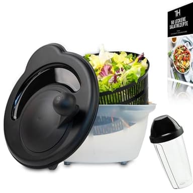 Thiru Salatschleuder Premium 4,5L mit Dressing Shaker - Innovative 3D Kurbel - rutschfeste 2in1 Schleuder & Salatschüssel - Ausgezeichnet mit Note sehr gut - BPA FREI - inkl. eBook