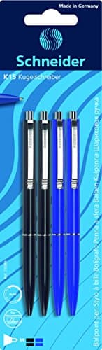 Schneider K 15 Druckkugelschreiber (dokumentenechte Mine - Strichstärke M, Schreibfarbe: schwarz/blau) 4er Blisterkarte schwarz/blau