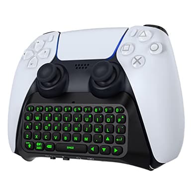 MoKo Grün Hinterlicht Tastatur für PS5 Controller, Kabellos PS5 Mini Tastatur Chatpad für Playstation 5 Controller, Integriert Tastaturlautsprecher mit 3,5 mm Buchse für Nachrichten & Chatten, Schwarz