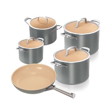 Ninja Extended Life Keramic Kochset 5-teilig (20 & 24 cm Sauteuse + 16, 18 & 20 cm Töpfe & Deckel), Antihaftbeschichtet (ohne PFAs, PFOAs, Blei, Cadmium), Backofenfest, Grau & Terracotta CW95000EUUKDB