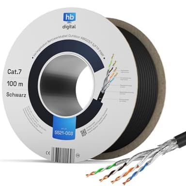 HB-DIGITAL 100m CAT 7 Netzwerkkabel Outdoor LAN Kabel Verlegekabel S/FTP AWG23 doppelt geschirmt PiMF reines Kupfer max 10Gbit/s Netzwerk Installation Ethernet Datenkabel für Außenbereich - Schwarz