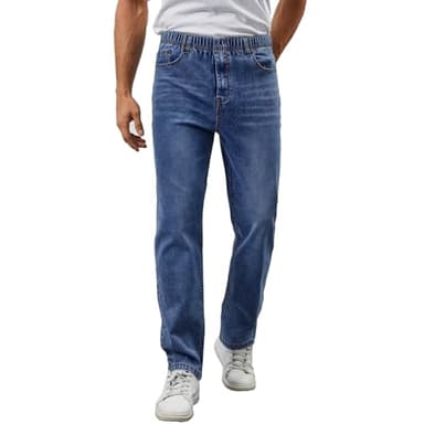 WICUSION Herren-Jeans mit elastischer Taille, lockere Passform, Stretch-Denim-Hose, gerades Bein, Jeans mit Reißverschluss, Blau, 3XL