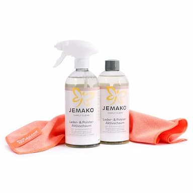 JEMAKO Leder- & Polster-Aktivschaum Set, 2 x 500 ml mit Schaumpumpe und Profituch Plus S Koralle, Reinigungsset für Glattleder und Textilpolster, pH-neutral