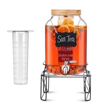 MallCreaty 7.6L Getränkespender mit Ständer, Getränkespender aus Glas mit Edelstahlzapfhahn und Bambusdeckel, Limonadenspender, Getränkespender aus Glas für Partys, Hochzeiten