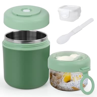 GEEKHOM Müslibecher To Go Edelstahl 530ml+330ml, Joghurt und Müsli To Go Becher Mit Löffel & Soßenbox - Auslaufsicher, Isoliert, Spülmaschinenfest, Ideal Für Arbeit, Schule, Picknick (Grün)