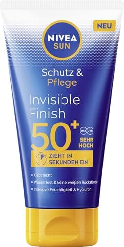 NIVEA SUN Schutz & Pflege Invisible Finish LSF 50+, wasserfester Sonnenschutz mit Hyaluron, schnell einziehende Sonnencreme für intensive Feuchtigkeit ohne weiße Rückstände (150 ml)