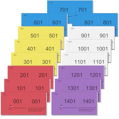 Nezyo 15 Büche 1-1500 Abrisse Doppelnummernblock Garderobenmarken Essensmarken Lose Großpackung Nummernblöcke für Ausstellung Events Essen Token Raffle Ticket für Party Verlosungen(Klassische Farben)