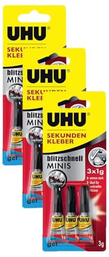UHU Sekundenkleber blitzschnell Minis gel, 3x original versiegelte Tuben Sekundenkleber gel, 3 x 1 g (Packung mit 3)