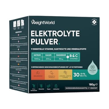 Elektrolyte Pulver - 1280mg Electrolyte pro Beutel (6g) - Mit Zusatz von Vitamin C & B Komplex - Zuckerfrei - Mit 3 Geschmacksrichtungen - 6 Vitamine & 3 Minerale - 30 Beutel pro Packung - WeightWorld