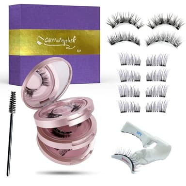 Chlffua Magnetische Wimpern Pink Set – 4 Paare Falsche Wimpern Natürlich Look mit Applikator, Halb & Vollwimpern, Wiederverwendbare Magnetwimpern ohne Kleber, 3-Lagen Box mit Spiegel