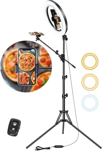Overhead Stativ Handy mit Ringlicht – Doppelhalterung für 2 Smartphones, Höhenverstellbares Ringlicht mit Stativ aus Metall, 10.5" Ringlichter Ring Light für Kochen/Food-Creator/Vlogging/Make-up/DIY