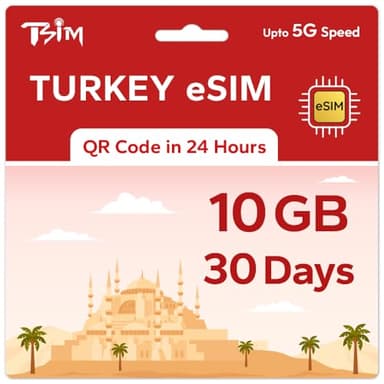 TSIM Prepaid Türkei eSIM für Reisen | 30 Tage 10 GB 5G Geschwindigkeit | Hotspot erlaubt | eSIM QR-Code per E-Mail innerhalb von 24 Stunden nach Versand gesendet | QR-Code scannen und sofort verwenden