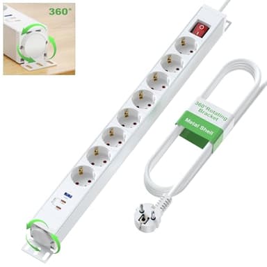 8 Fach Steckdosenleiste mit 2 USB-C PD20W, 8-Fach Mehrfachsteckdose mit Überspannungsschutz, 360°-Drehständer, Steckdosenleiste Wandmontage mit Schalter und Metallgehäuse, 1.8M Kabel, 16A/4000W, Weiß
