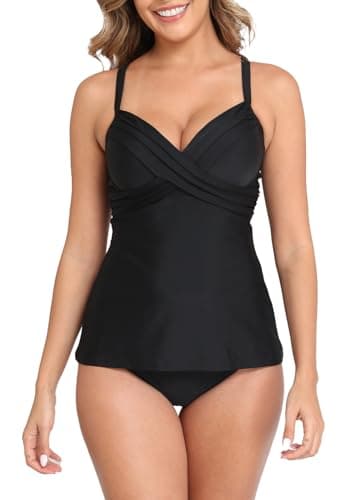 Halcurt Tankini Oberteil Damen Verstellbare Träger Bauchweg Badeanzug mit BH V-Ausschnitt Bademode L