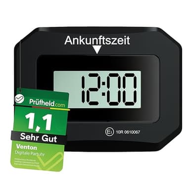 VENTON [ Test SEHR GUT, Note 1.1 Elektronische Digitale Parkscheibe mit Zulassung, Automatische elektrische Parkuhr, Auto Zubehör Innenraum (1 Schwarze Parkscheibe mit Zusatzbatterie)