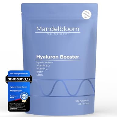 Hyaluron-Booster • Hochdosierte Hyaluronsäure Kapseln mit 500mg • 180 Stück für 3 Monate • Hohe Bioverfügbarkeit 800 kDa • mit Vitamin C, B12, Biotin, Selen • Laborgeprüft • Vegan • Made in Germany