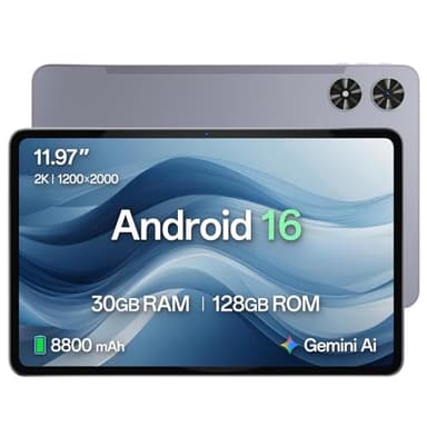 12 Zoll Tablet mit Android 16, 2K Display (2000×1200), 30GB RAM (6+24) + 128GB Speicher, Octa-Core Prozessor, 8800mAh Akku, Widevine L1, Dual WiFi 2.4/5GHz, Bluetooth 5.0, GPS, 13MP Kamera