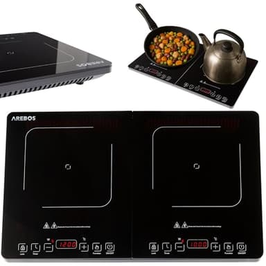 Arebos Doppel-Induktionskochplatte 3500W | 2 Kochzonen mit Touch-Display & Timer | Induktionskochfeld tragbar für Camping, Outdoor & Küche | Überhitzungsschutz | Energieeffizient