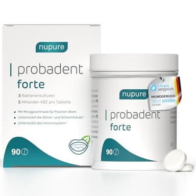 Nupure® Probadent Forte Mundgeruch Bekämpfen mit Mundmikrobiom-Lutschtabletten mit 3 Milchsäurebakterienstämmen, Vitamin D3 und Biotin, Pfefferminzgeschmack, zuckerfrei, 90 Lutschtabletten