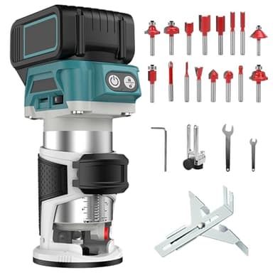 Akku Oberfräse Kompatibel mit Makita 18V Akku, 800W Bürstenloser Akku Kantenfräse Set mit 6 Geschwindigkeit, 30000 U/min, Akku-Holzfräser mit 16 Stück 1/4" Fräser Set für Holzbearbeitung (Ohne Akku)