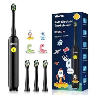 YUNCHI Elektrische Zahnbürste Kinder mit Minuten-Timer, Kinderzahnbürste ab 3-6-10-12 Jahre IPX7 Wasserdicht Electric Toothbrush weiche Borsten mit 4 weiche Ersatzbürsten (Schwarz)
