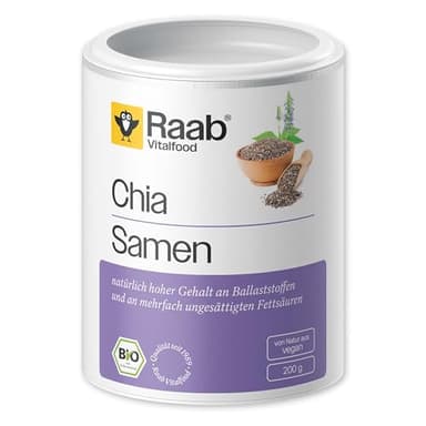 Raab Vitalfood Bio Chia-Samen, Premium Qualität, vegan, reich an Ballaststoffen, enthält natürlicherweise Calcium, B-Vitamine, ungesättigte Fettsäuren, quellfähig, 1er Pack (200 g)