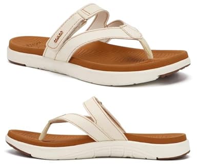 COFACE Flip Flops Damen Orthopädische Leder Stoff Leicht Zehentrenner Frauen Bequeme Plantarfasziitis Fussbett Breite Füße Badelatschen Sommer Strand Zehensandalen Rutschfest Gummi Sohle Weiß Khaki 41