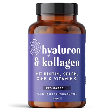Hyaluron & Kollagen Komplex | 270 Kapseln | Hochdosiert mit Hyaluronsäure, Biotin, Selen, Zink, Vitamin C & Bambusextrakt | Hyaluron Collagen Complex | Haut, Haare, Nägel | Alpha Foods