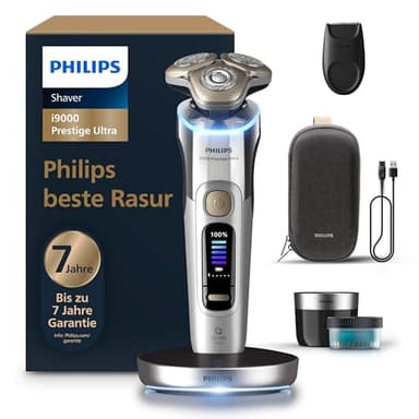 Philips elektrischer Rasierer i9000 Prestige Ultra, Nass- und Trockenrasierer für Herren, chrom, Druck- und Bewegungssensor, Trimmeraufsatz, Reinigungsstation, Ladestation und Reiseetui (XP9404/31)